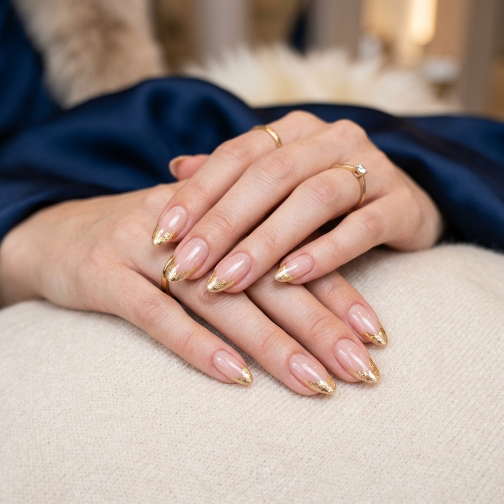 Signature Gold Foil & Navy Almond Nails at Super Nails